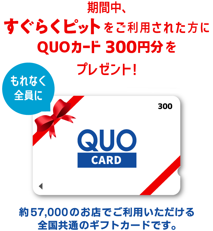 期間中、すぐらくピットをご利用された方にQUOカード300円分をプレゼント！
